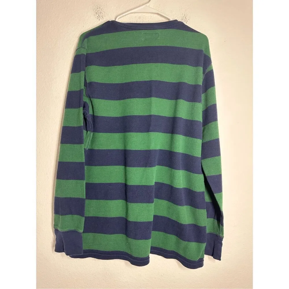 Polo Ralph Lauren Shirt Adult Striped Green Blue Waffle Knit Long Sleeve Size XL